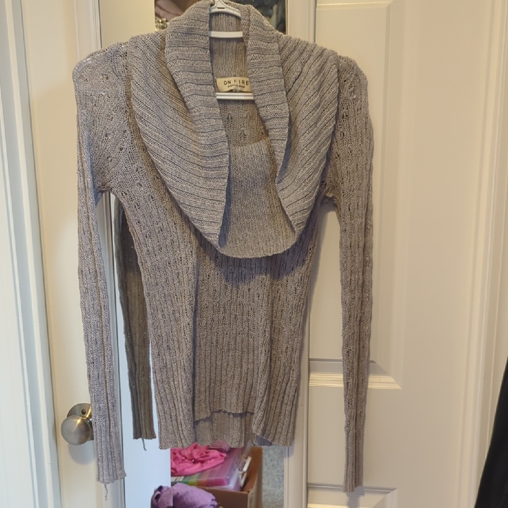 On Fire Gray Cowl Neck Sweater with Ribbed Knit